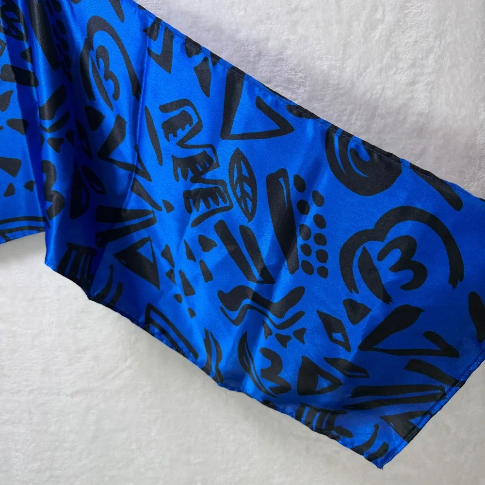 VTG 1987 Bloom LA Fabrics Royal Blue Black Abstract Geometric Satin Scarf 54x10.